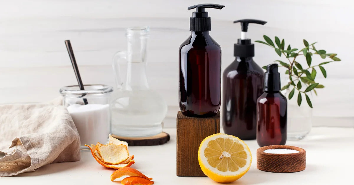 Essential oil bottles with spray bottle, white vinegar and fresh lemons for natural cleaning