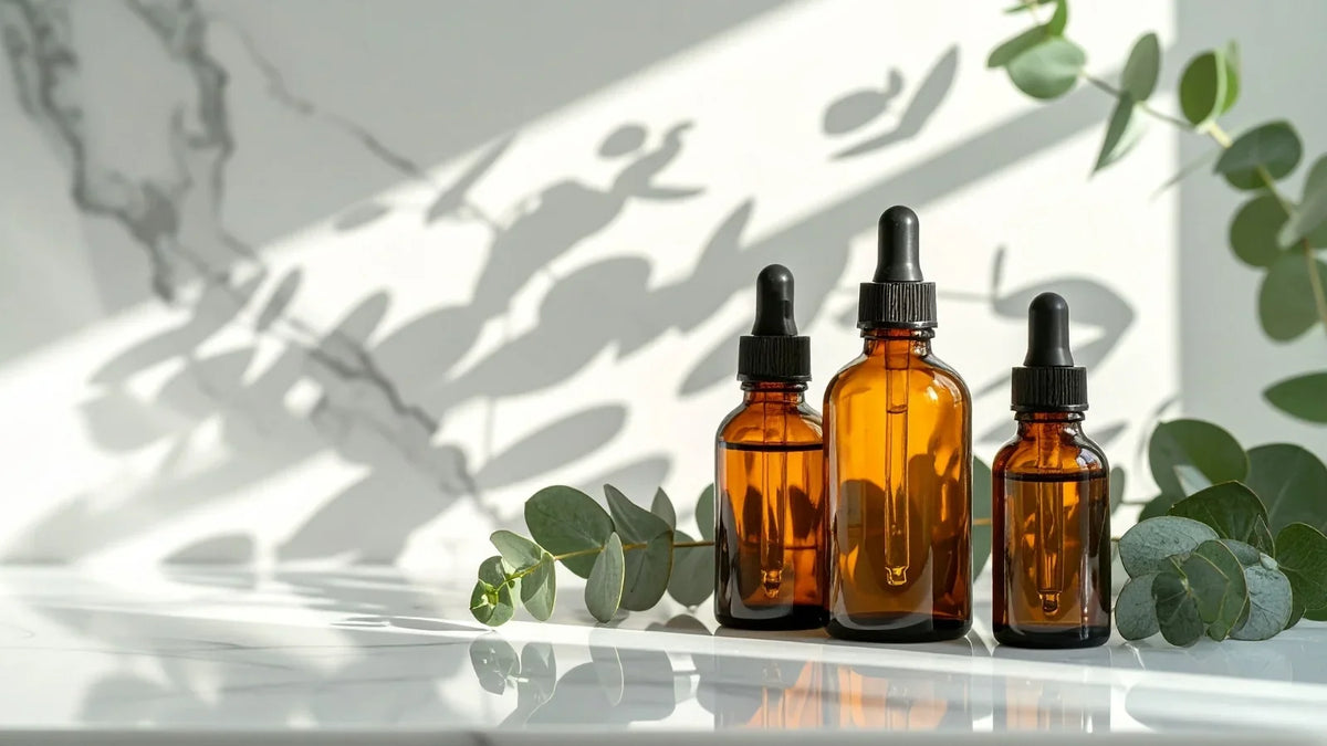 Amber dropper bottles of eucalyptus essential oil beside fresh eucalyptus leaves