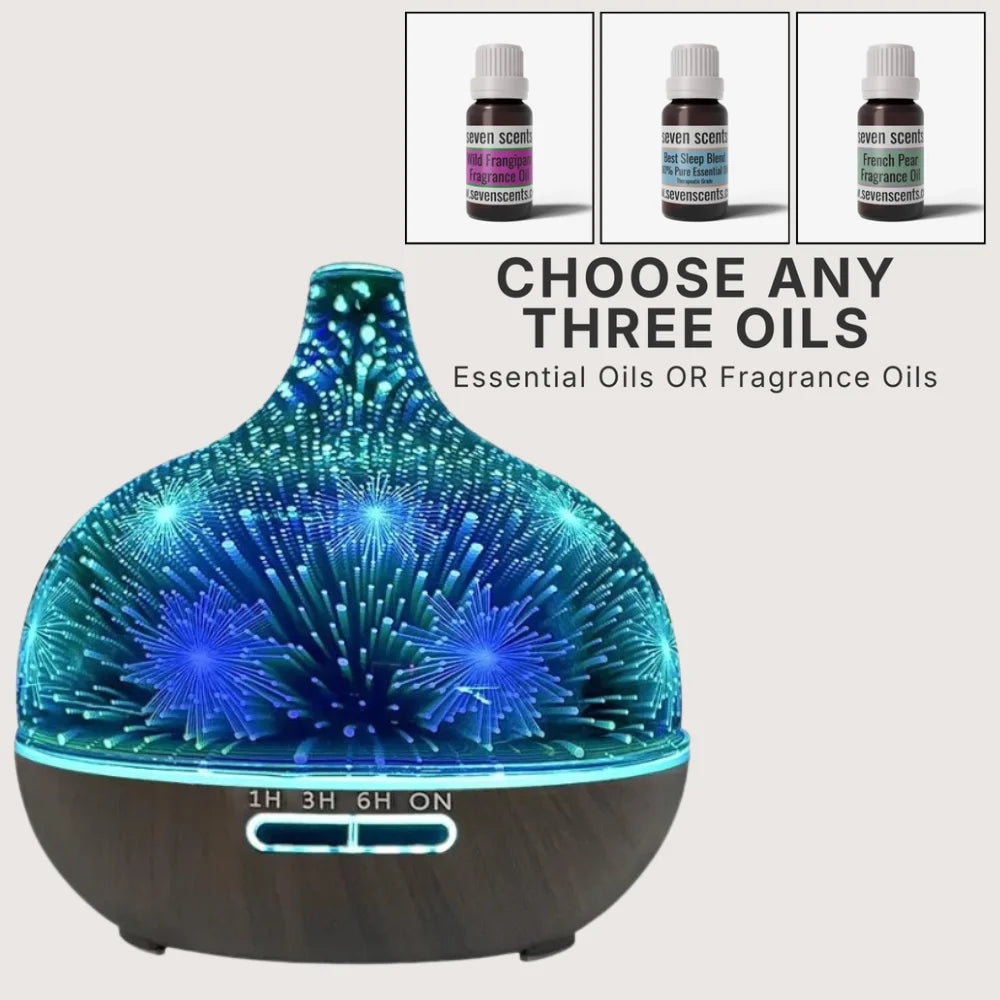 Alfie 3D glass aromatherapy diffuser (dark) bundle with remote and choice of 3 oils - Seven Scents NZ