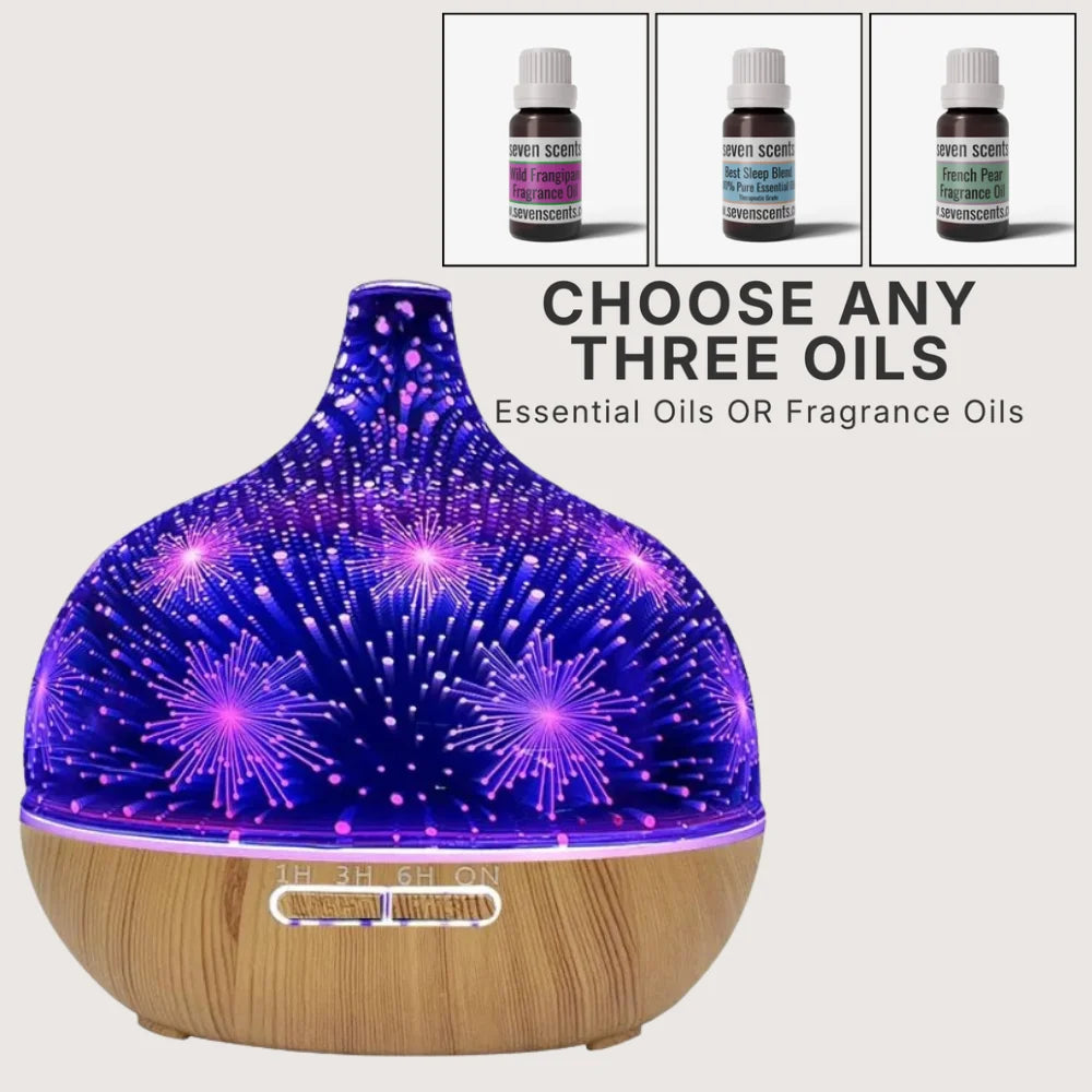 Alfie 3D glass aromatherapy diffuser (light) bundle with remote and choice of 3 oils - Seven Scents NZ