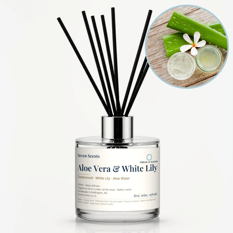 Aloe Vera & White Lily Reed Diffuser by Seven Scents - glass bottle with aloe vera leaves, a white flower and aloe gel