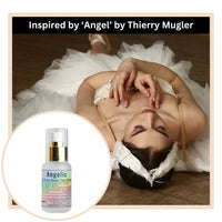 Ballerina in a white dress with angelic perfume spray inspired by 'Angelic' by Thierry Mugler.