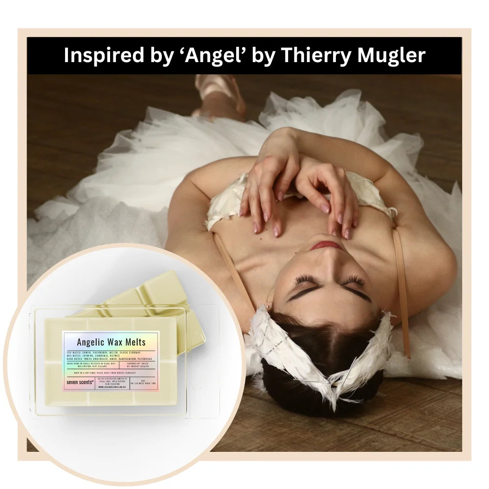 Woman in a white dress with 'Angel' by Thierry Mugler branding, featuring angelic wax melts.