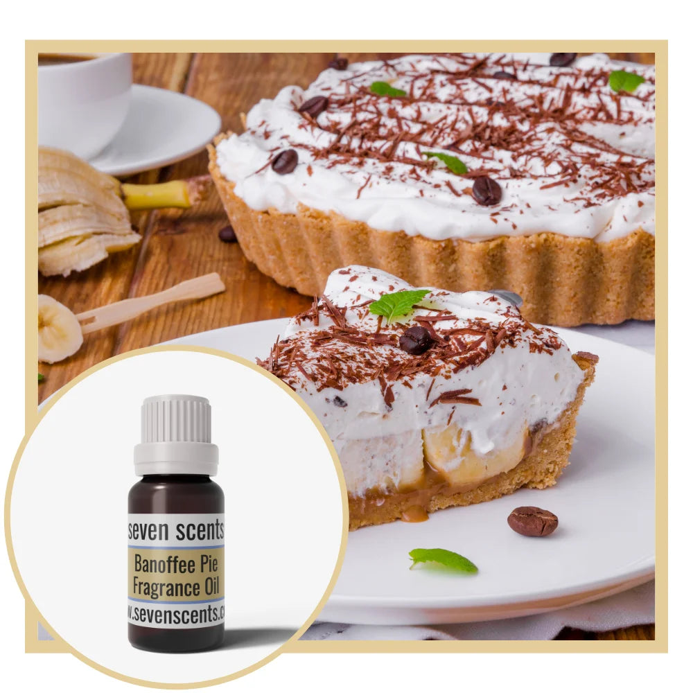Banoffee pie with a bottle of Seven Scents Banoffee Pie fragrance oil on a wooden table.