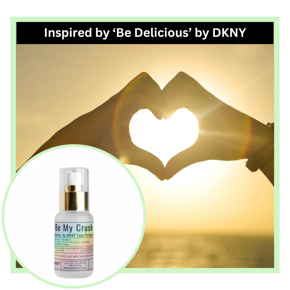  'Be My Crush' perfume bottle with mountain silhouette with heart shape, 'Inspired by Be Delicious by DKNY' .