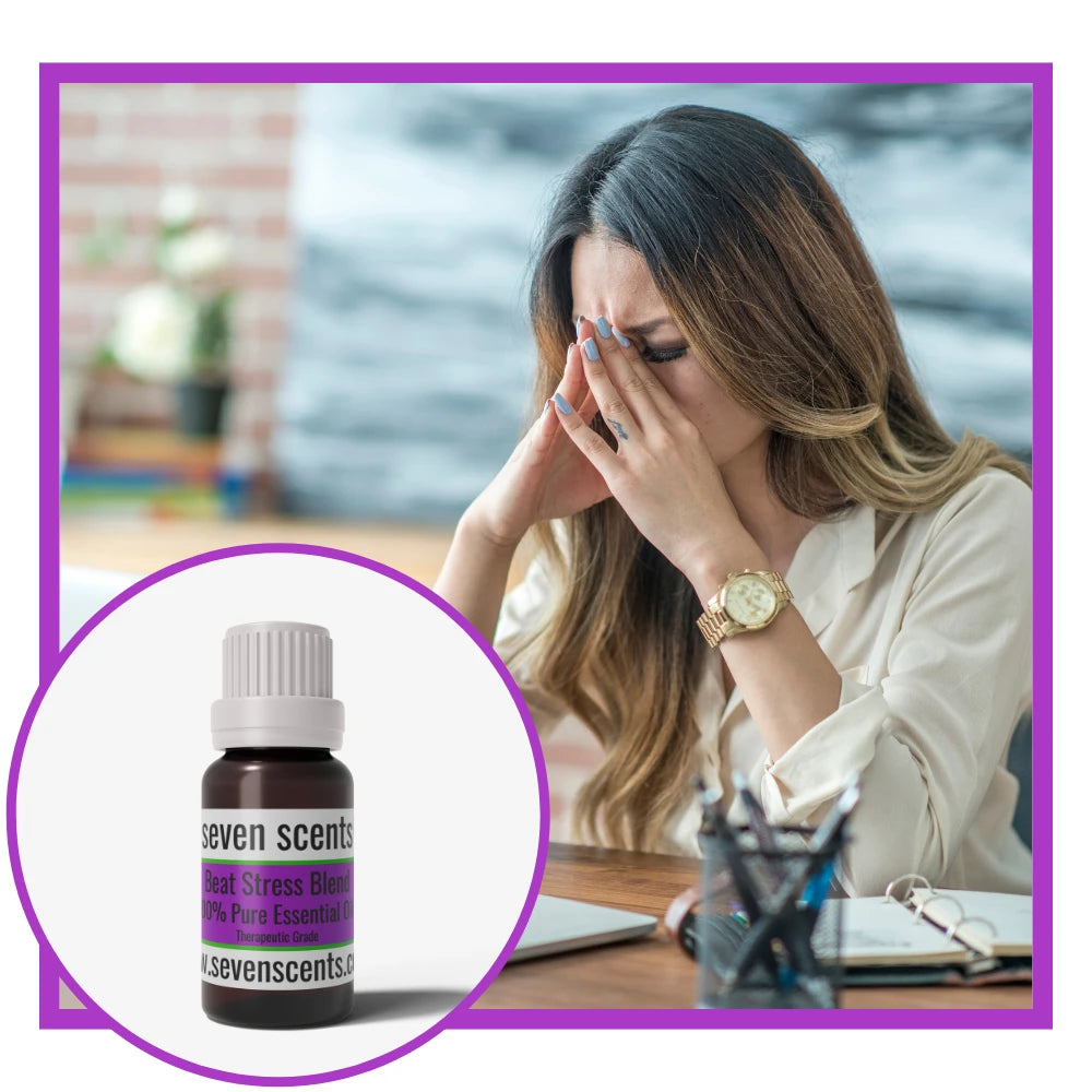 Beat Stress essential oil blend  by Seven Scents and a woman with stress at work