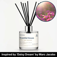 Beautiful Dream Reed Diffuser by Seven Scents - glass bottle with pink flowers in soft sunlight