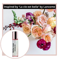 Bellas love perfume oil bottle with a bouquet of flowers, inspired by 'La vie est belle' by Lancome.