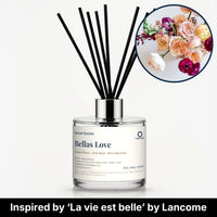 Bellas Love Reed Diffuser by Seven Scents - glass bottle with a bouquet of peach and burgundy roses