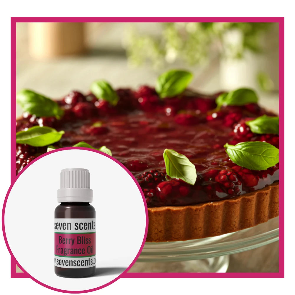 Berry tart with a bottle of Seven Scents Berry Bliss fragrance oil inset.