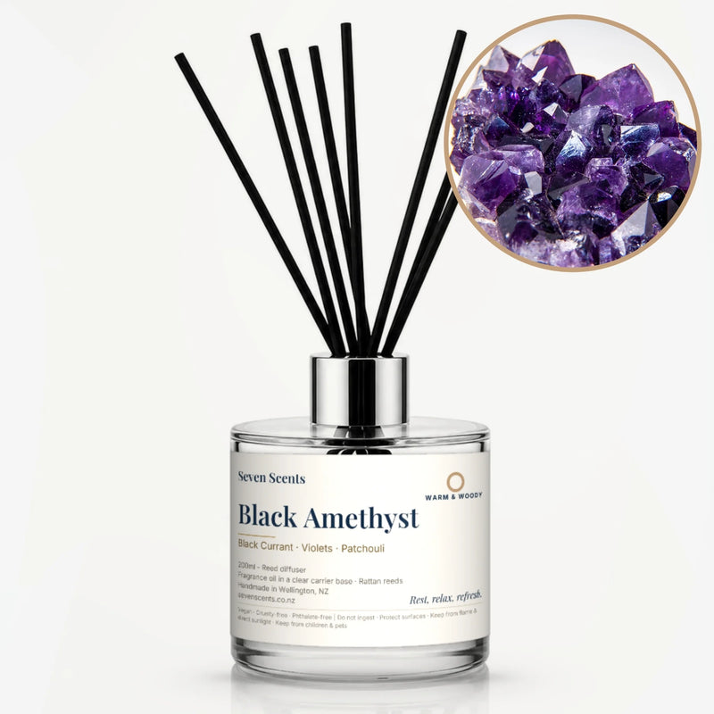 Black Amethyst Reed Diffuser by Seven Scents - glass bottle with purple amethyst crystals