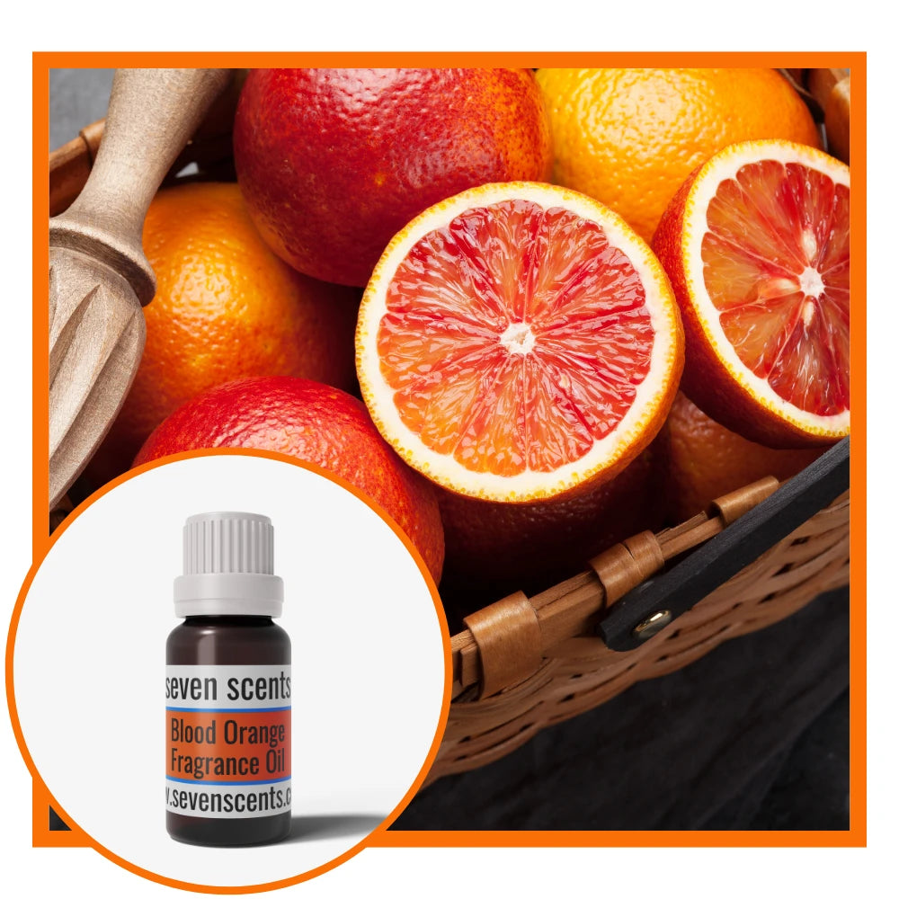Blood orange fragrance oil with a basket of blood oranges