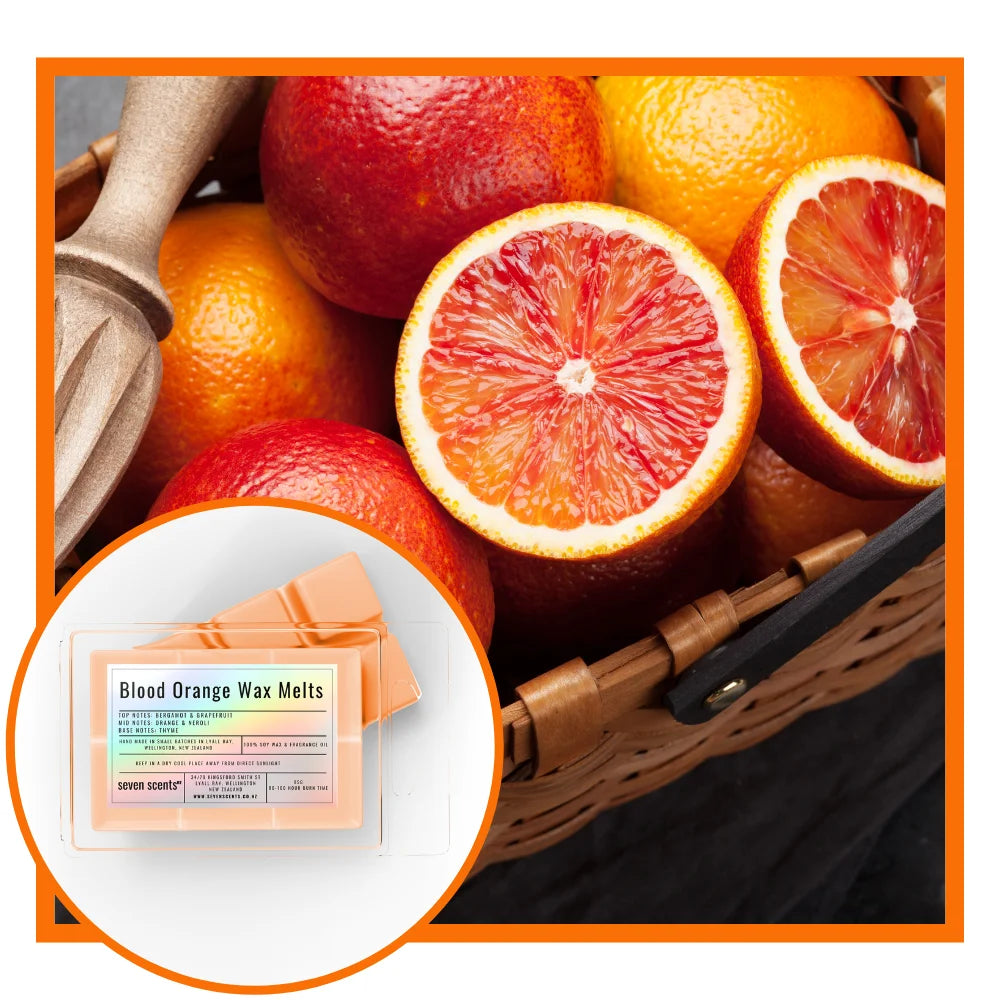 Basket of blood oranges with a close-up of wax melts labeled 'Blood Orange'.