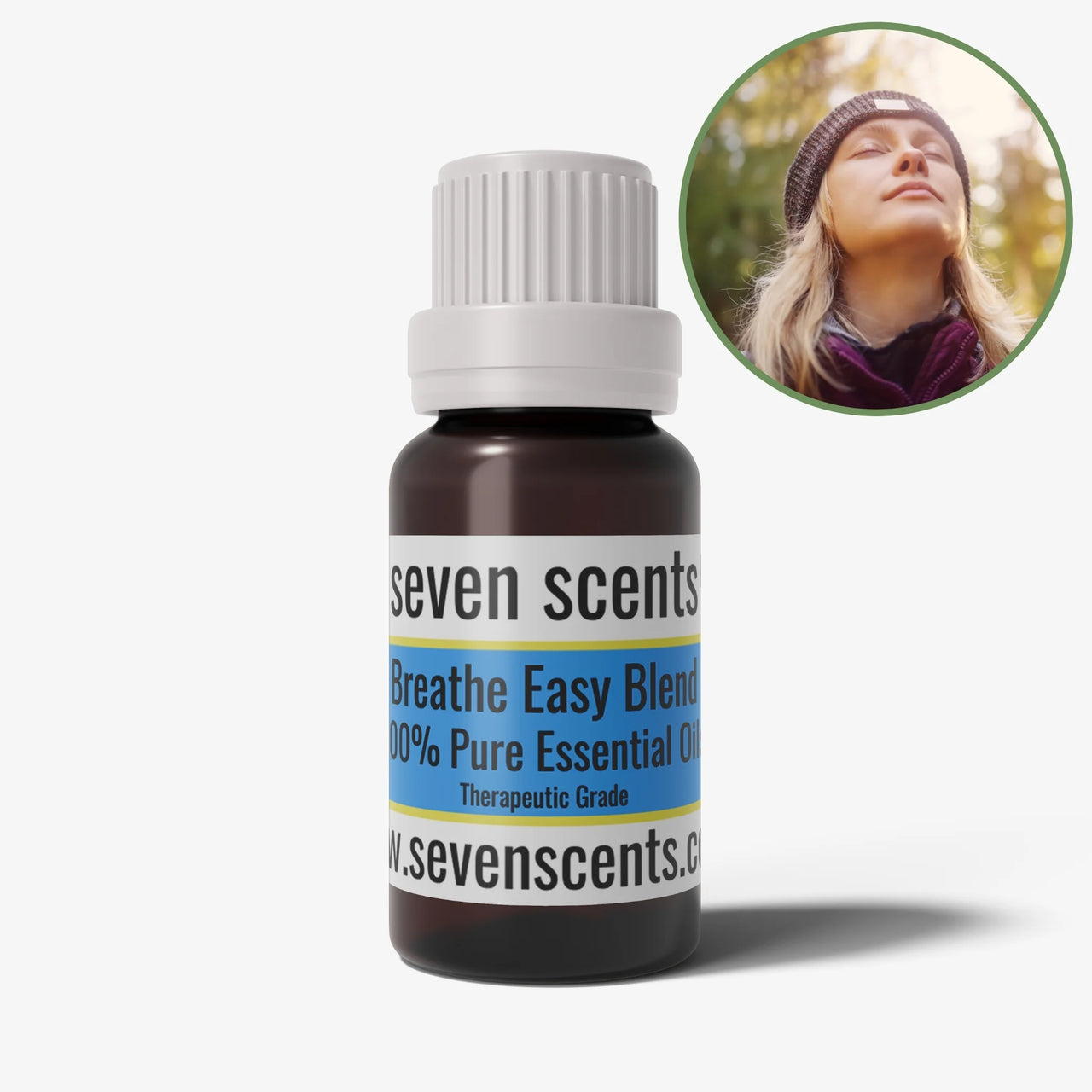 Breathe Easy Essential Oil Blend with a women inhaling outdoors, in a 10ml amber glass bottle — Seven Scents NZ