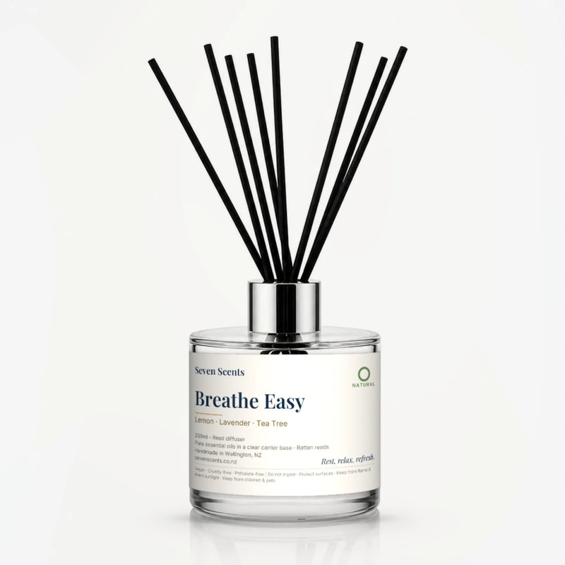 Breathe Easy Reed Diffuser by Seven Scents - 200ml clear glass bottle with black reeds and a silver collar