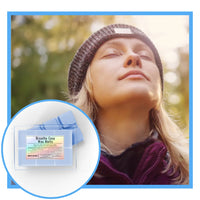Person inhaling a deep breath with a product inset labeled 'Breathe Easy Wax Melts' outdoors.