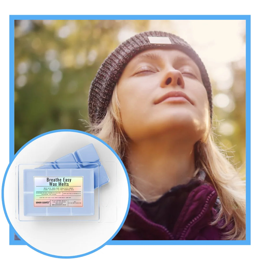 Person inhaling a deep breath with a product inset labeled 'Breathe Easy Wax Melts' outdoors.