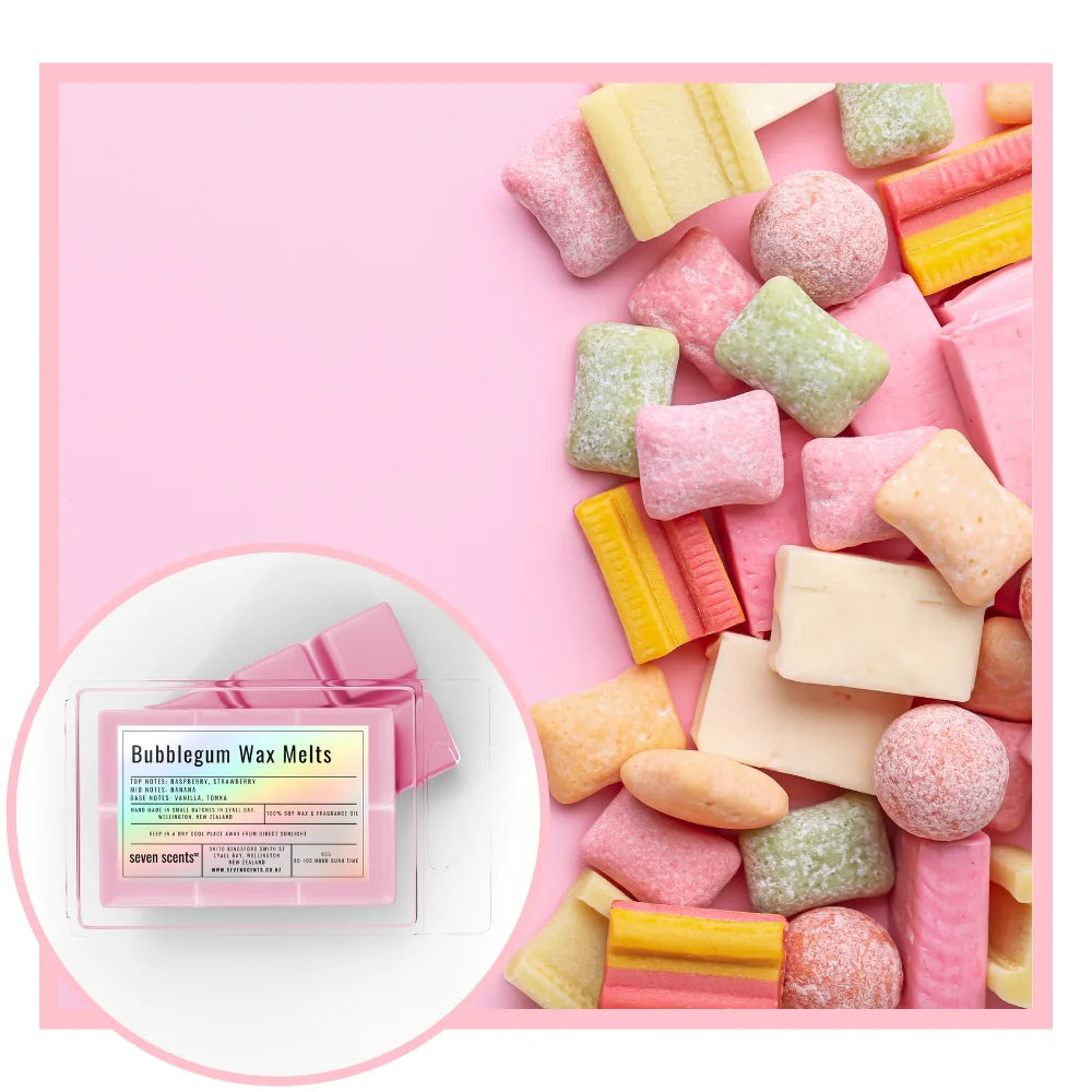 Colorful bubblegum wax melts on a pink background with a close-up of the product packaging.