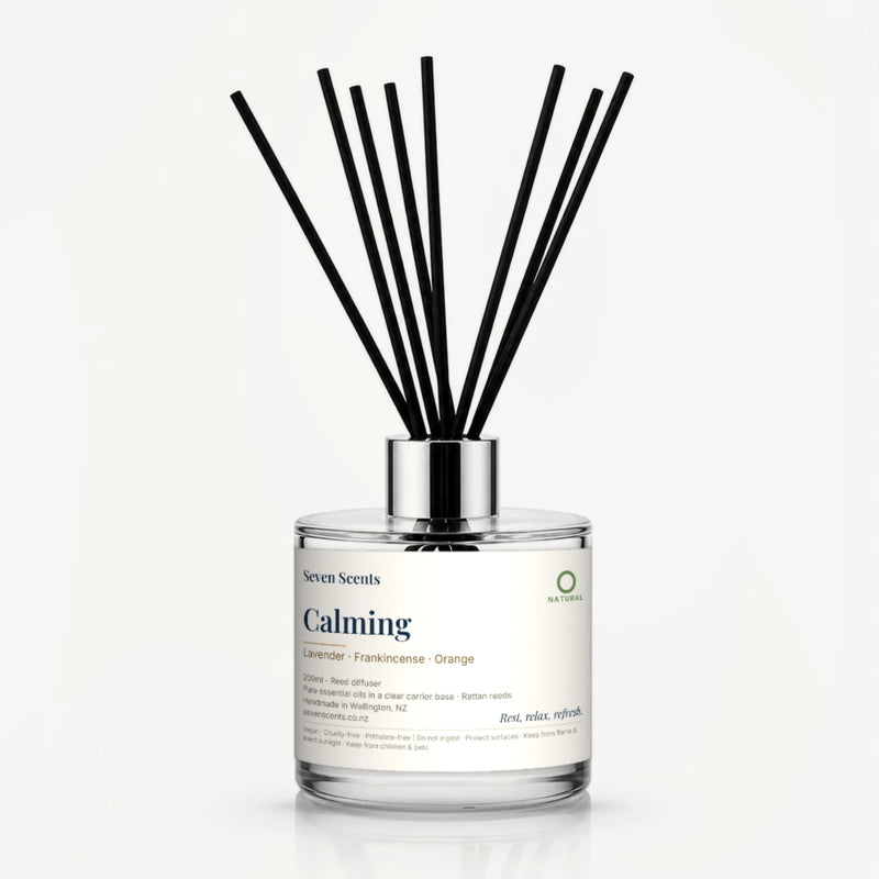 Calming Reed Diffuser by Seven Scents - 200ml clear glass bottle with black reeds and a silver collar