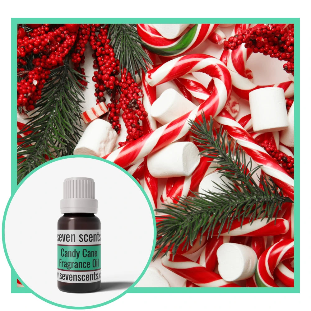 Candy cane fragrance oil with candy canes, red berries, and greenery on a festive background