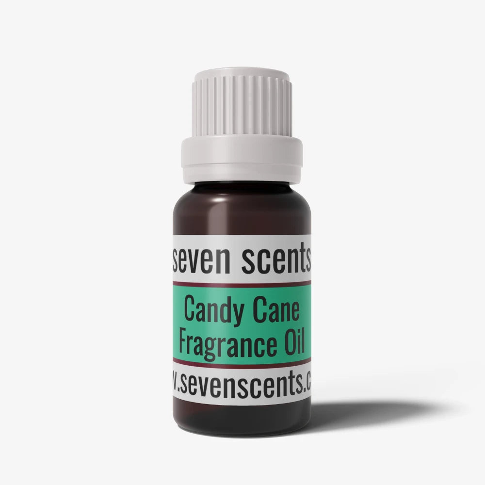 Candy cane fragrance oil bottle with a white cap on a white background