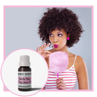 Woman holding a pink candy floss with a Seven Scents Candy Floss Fragrance Oil bottle inset.