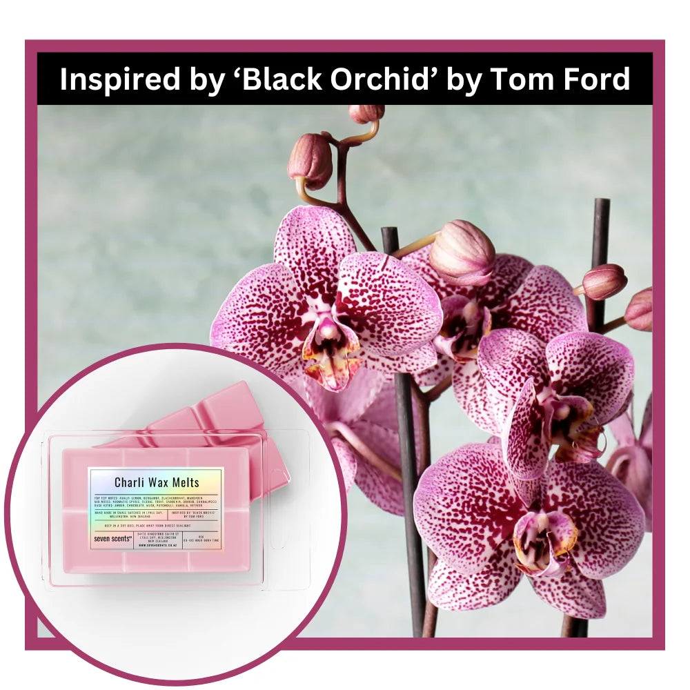Pink orchid with a close-up of Charli wax melts packaging, inspired by 'Black Orchid' by Tom Ford.