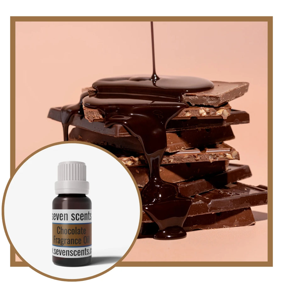Chocolate bars with a drizzle of chocolate and a bottle of Seven Scents Chocolate fragrance oil on a pink background.