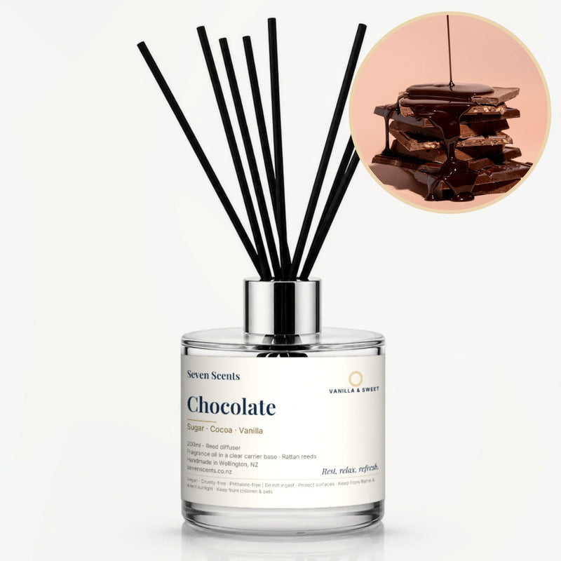 Chocolate Reed Diffuser by Seven Scents - glass bottle with chocolate pieces drizzled with melted chocolate
