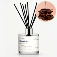Chocolate Reed Diffuser by Seven Scents - glass bottle with chocolate pieces drizzled with melted chocolate