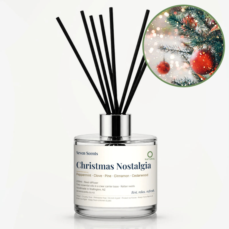 Christmas Nostalgia Reed Diffuser by Seven Scents - glass bottle with a Christmas tree with red baubles