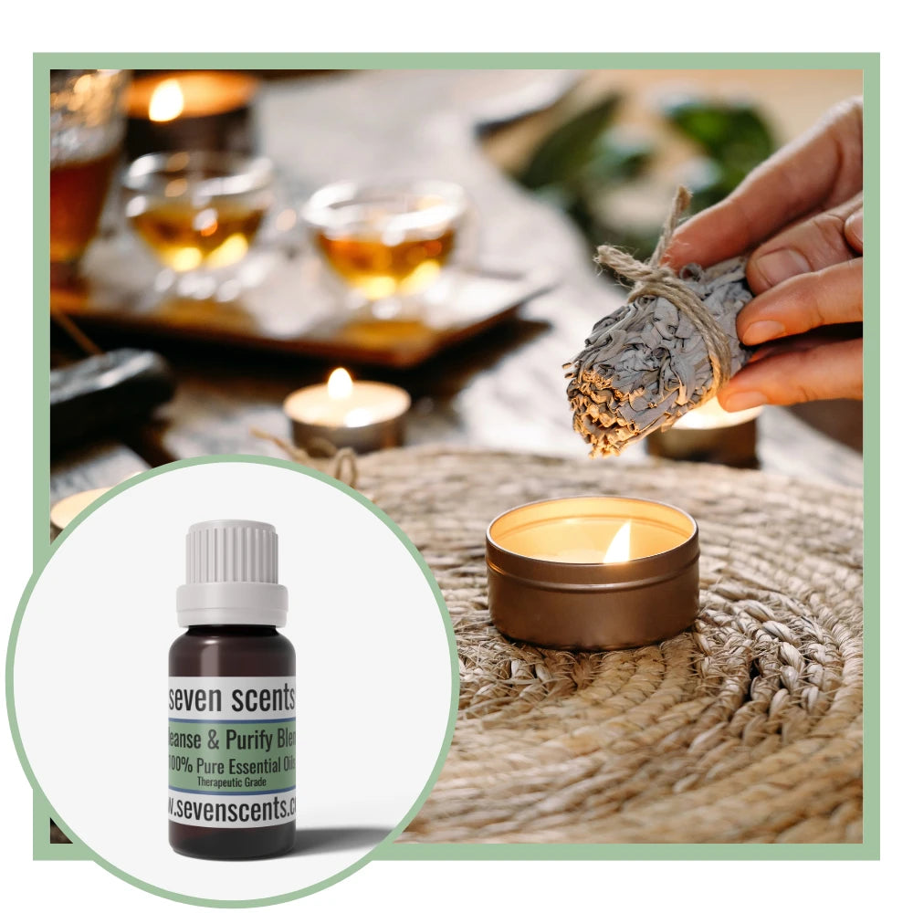 Cleanse and Purify essential oil blend by Seven Scents with a person holding sage with a lit candle 