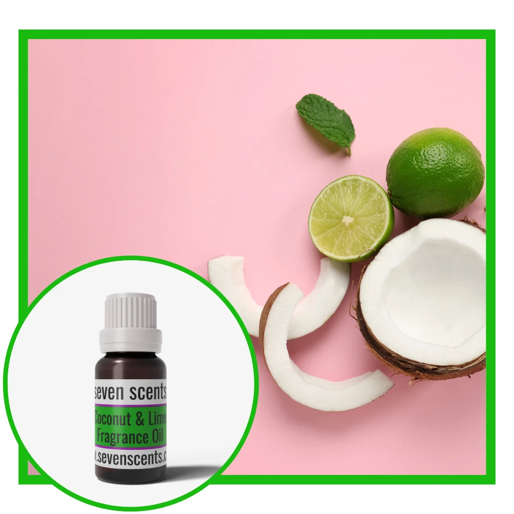 Coconut, lime, and mint with Seven Scents coconut lime fragrance oil bottle on a pink background