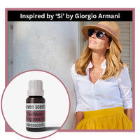 Confidence fragrance oil inspired by Si by Giorgio Armani with a confident woman wearing sunglasses and a hat