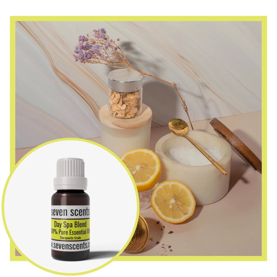 Day Spa essential oil blend by Seven Scents with fresh cut lemon, sugar scrub and dried flowers