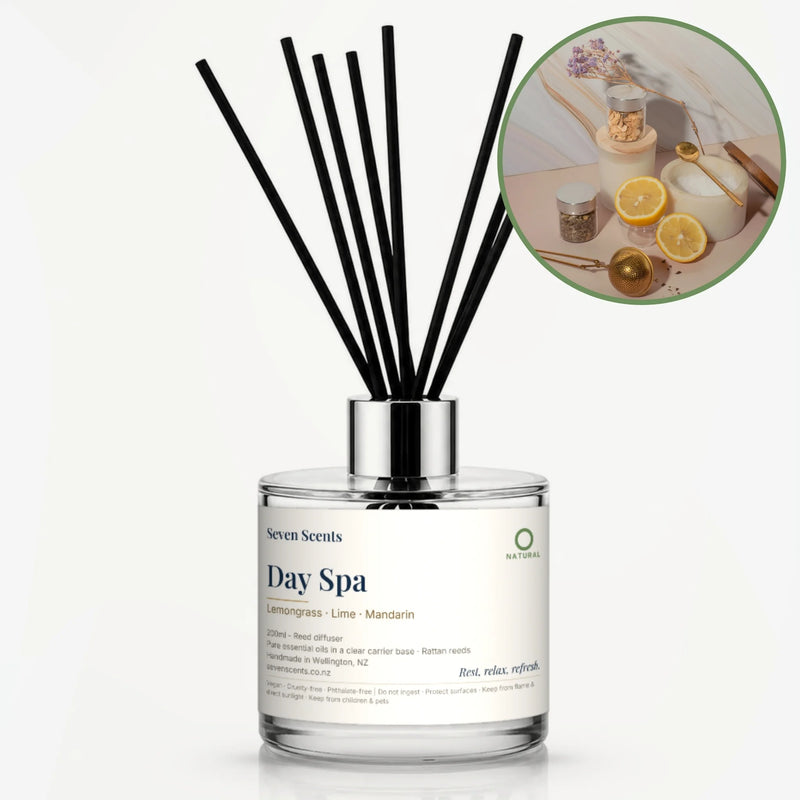 Day Spa Reed Diffuser by Seven Scents - glass bottle with spa jars, lemon slices and dried flowers