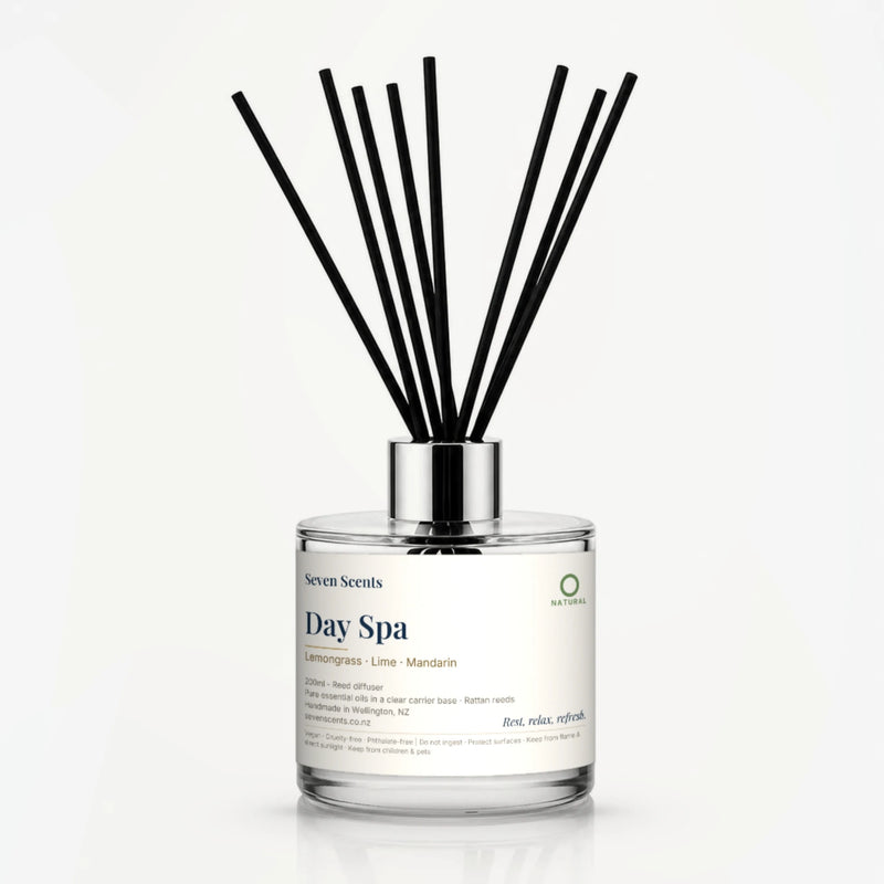 Day Spa Reed Diffuser by Seven Scents - 200ml clear glass bottle with black reeds and a silver collar