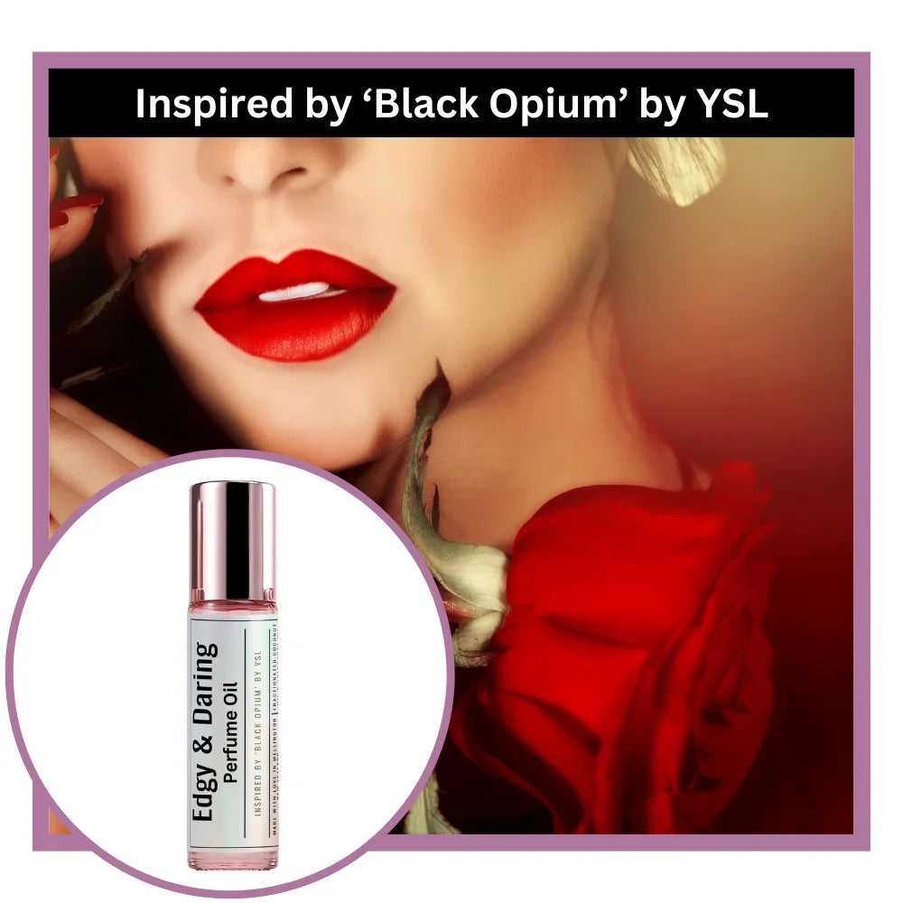 Edgy and Daring perfume oil bottle with a woman wearing red lipstick and a red rose, inspired by 'Black Opium' by YSL.