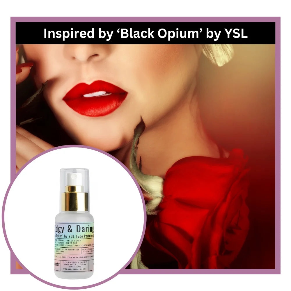 Woman with red lipstick and a bottle of Edgy and Daring perfume inspired by 'Black Opium'.