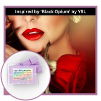 Edgy and Daring wax melts inspired by 'Black Opium' by YSL with a close-up of a woman's lips wearing red lipstick.