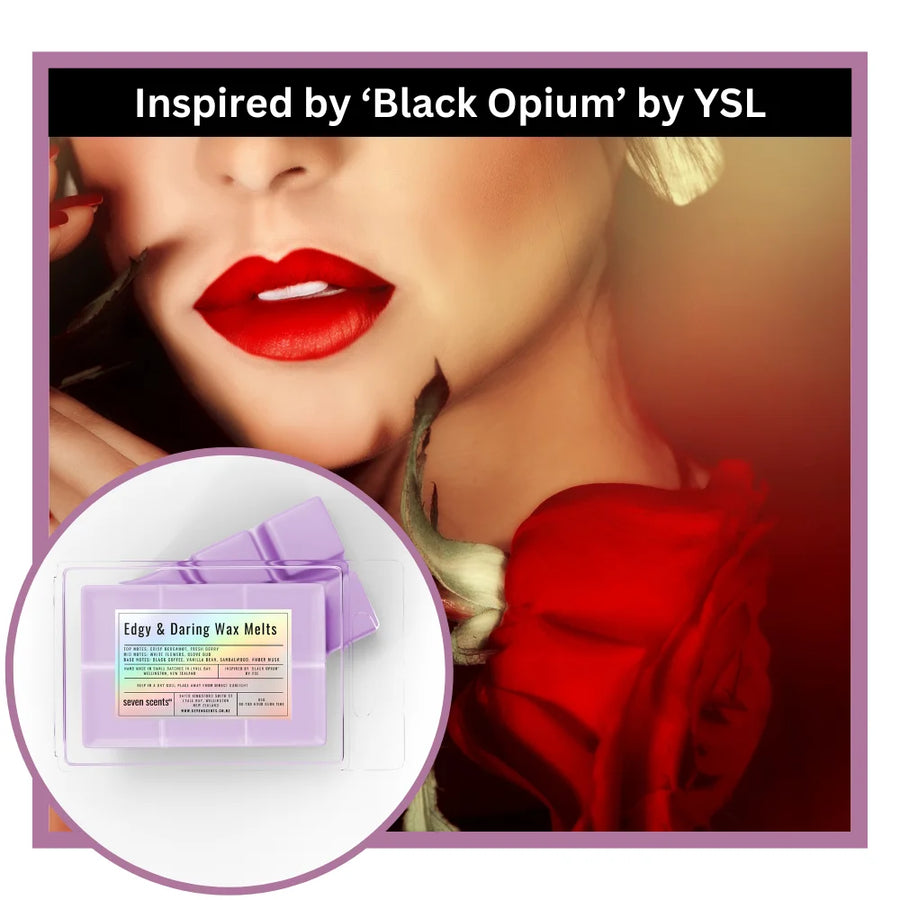 Edgy and Daring wax melts inspired by 'Black Opium' by YSL with a close-up of a woman's lips wearing red lipstick.