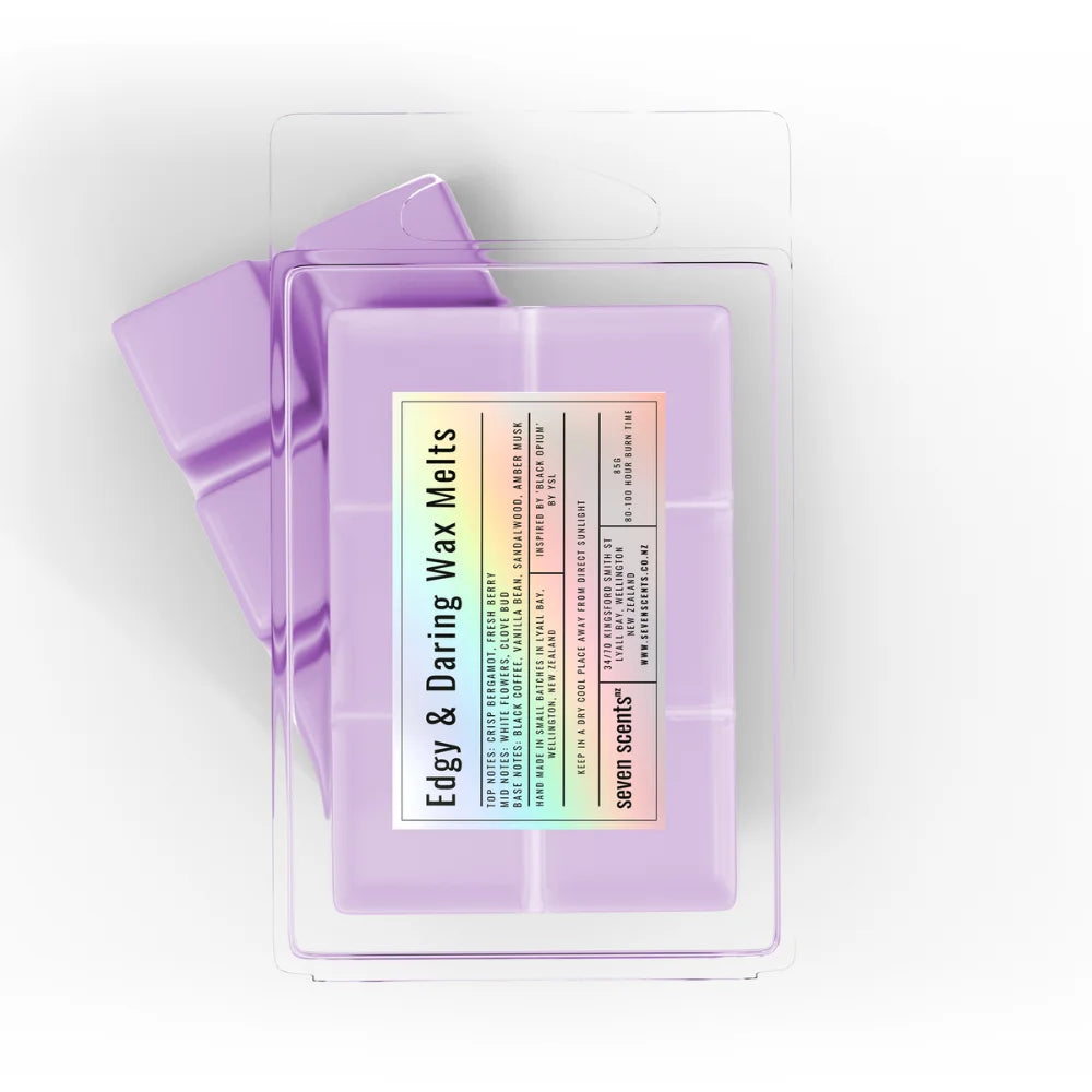 Pack of 'Edgy & Daring Wax Melts' by seven scents on a white background