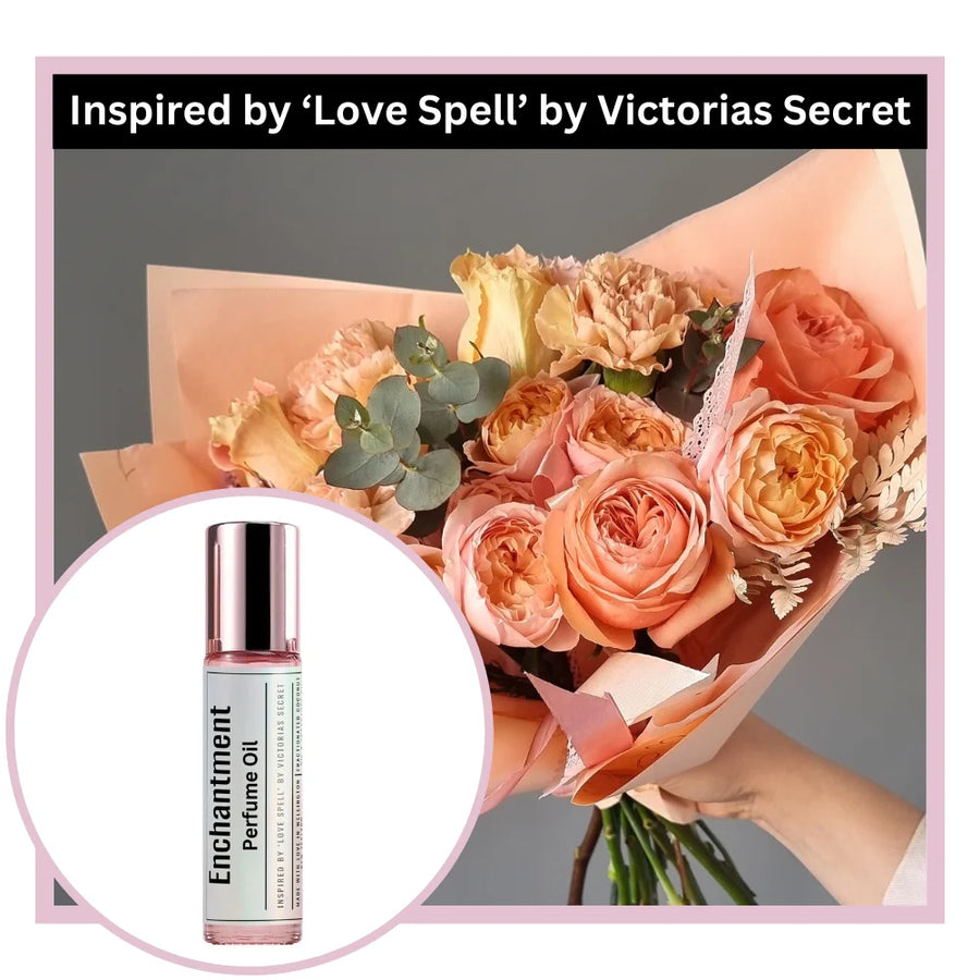 Enchantment perfume oil inspired by Love Spell by Victoria's Secret with a bouquet of bright orange flowers