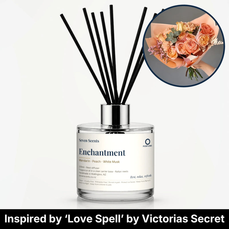 Enchantment Reed Diffuser by Seven Scents - glass bottle with a bouquet of peach roses