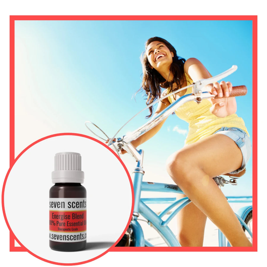 Energise essential oil blend by Seven Scents with a energetic woman on a bike