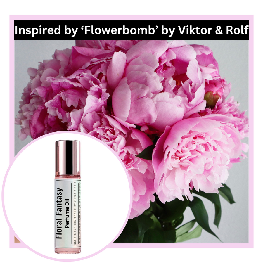Floral Fantasy perfume oil bottle with pink flowers - inspired by 'Flowerbomb' by Viktor & Rolf.
