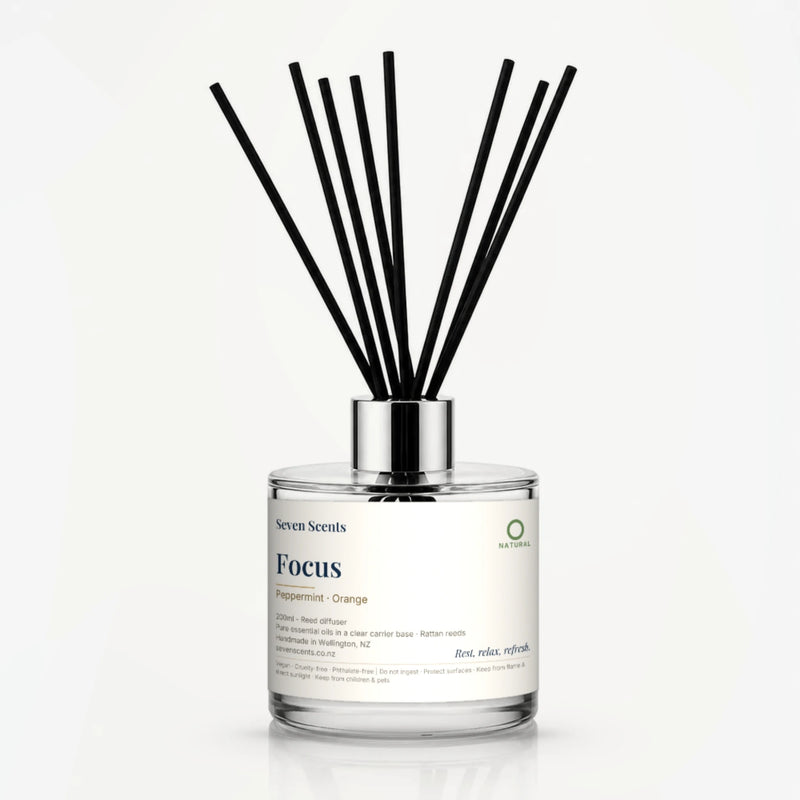 Focus Reed Diffuser by Seven Scents - 200ml clear glass bottle with black reeds and a silver collar