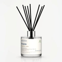 Focus Reed Diffuser by Seven Scents - 200ml clear glass bottle with black reeds and a silver collar