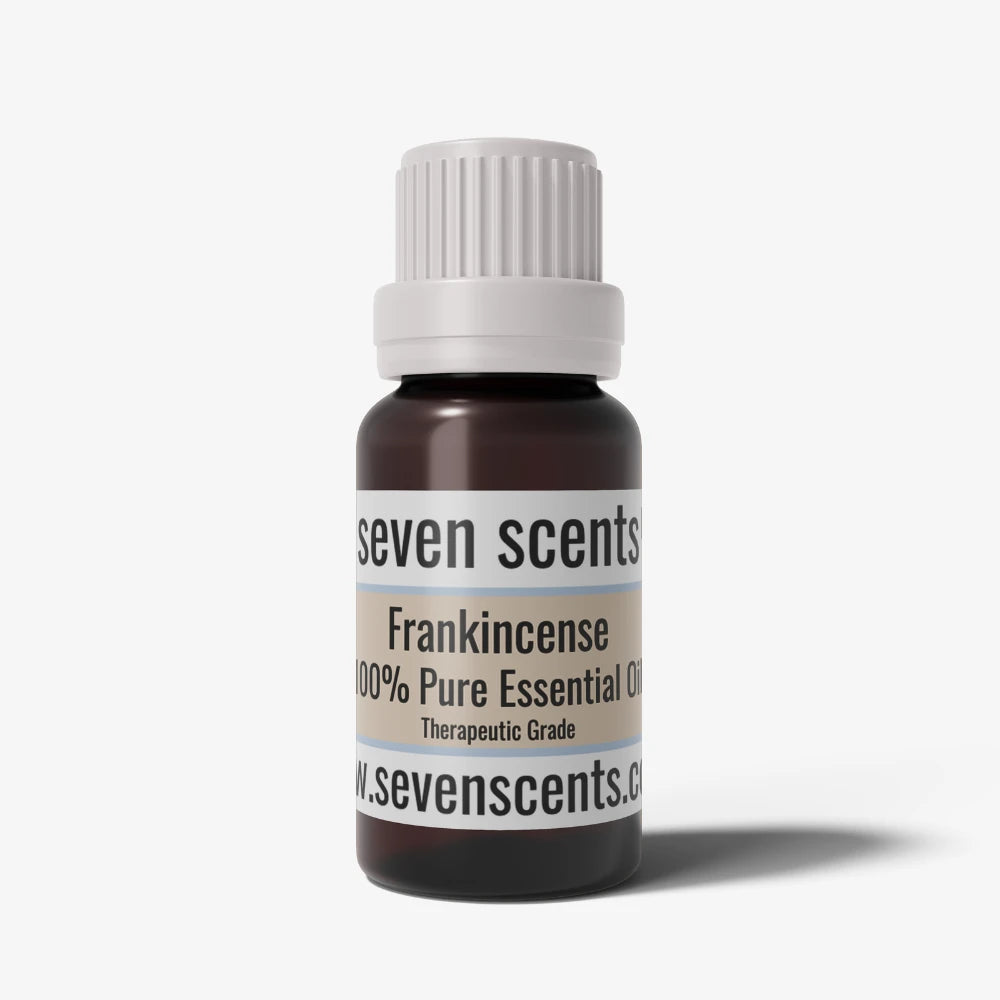 Frankincense Essential Oil bottle with a white cap on a white background
