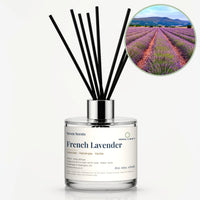 French Lavender Reed Diffuser by Seven Scents - glass bottle with rows of lavender in a field